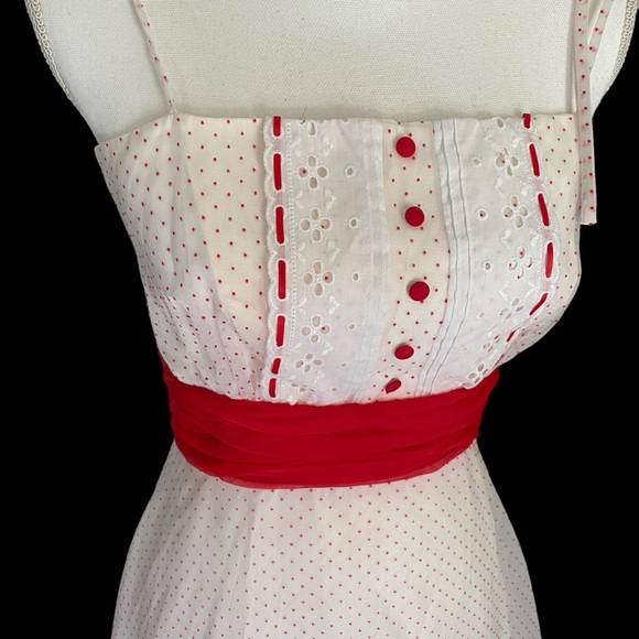 ILGWU Union Made Vintage Red Polka Dot w Eyelet Trim Ruffled Prom Dress - Picture 3 of 16